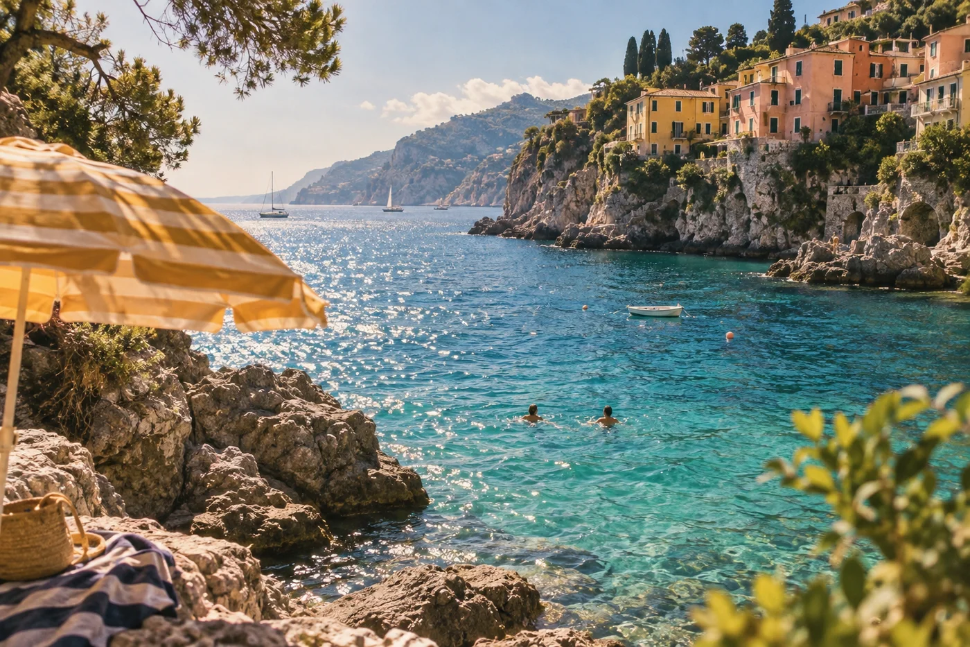 Turquoise water and a sun-drenched coastal village